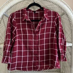 H&M 100% Cotton Plaid Gingham Red & White Button Down Smocked Cuff Shirt XS